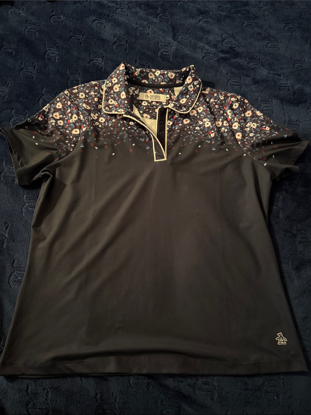 Women's Short Sleeve Floral Yoke Polo Tee - Black